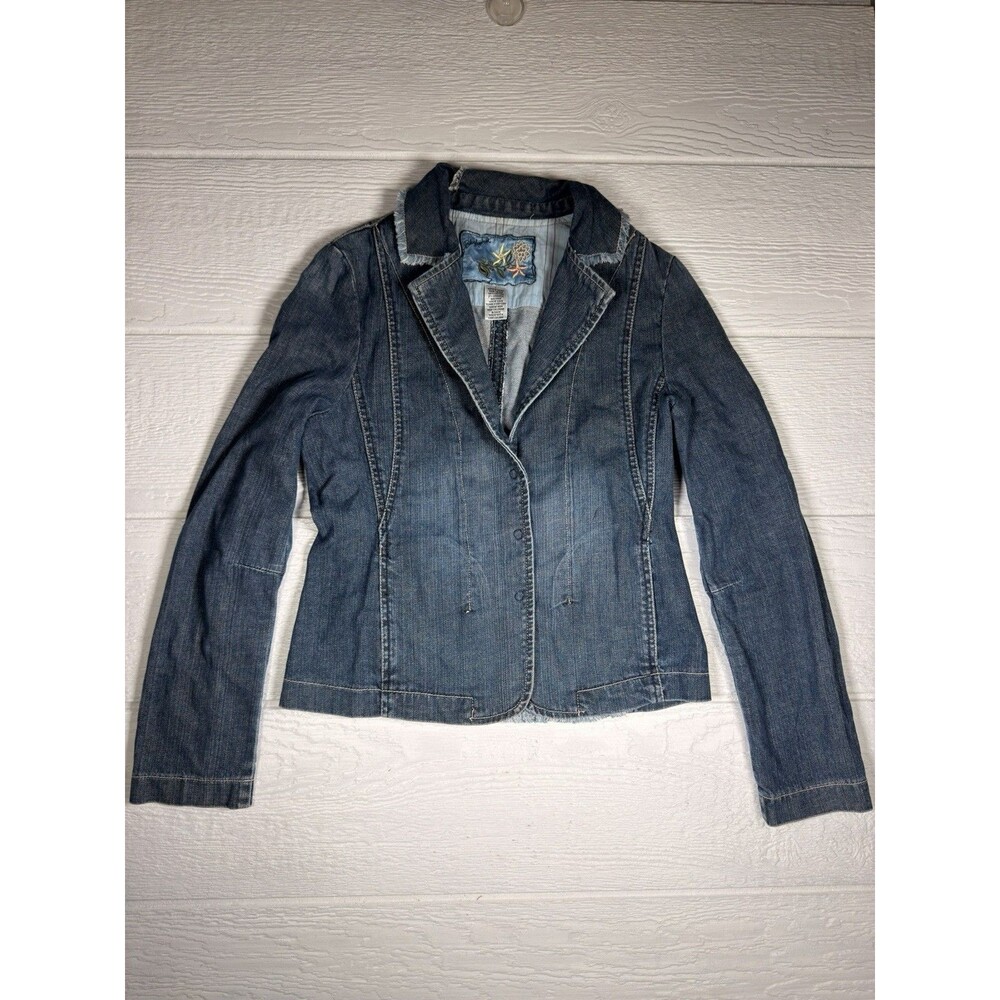Y2K Blue Asphalt Denim Blazer Jacket Women’s L Frayed Raw Edge Grunge